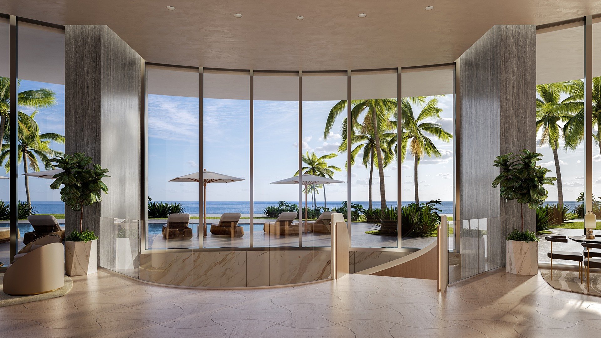 Rivage Bal Harbour living room with ocean view, contemporary furnishings in Bal Harbour, Miami, elegant space in luxury and ultra luxury condos; preconstruction.