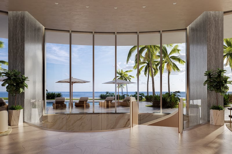 Rivage Bal Harbour living room with ocean view, contemporary furnishings in Bal Harbour, Miami, elegant space in luxury and ultra luxury condos; preconstruction.