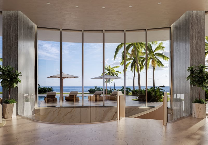 Rivage Bal Harbour living room with ocean view, contemporary furnishings in Bal Harbour, Miami, elegant space in luxury and ultra luxury condos; preconstruction.