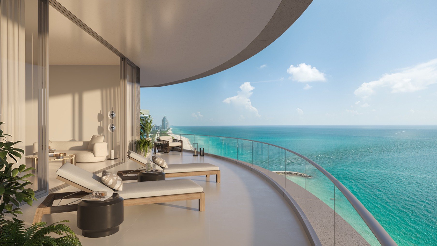 Rivage Bal Harbour oceanfront balcony view over the Atlantic in Bal Harbour, Miami, indoor‑outdoor lifestyle in luxury and ultra luxury condos; preconstruction.