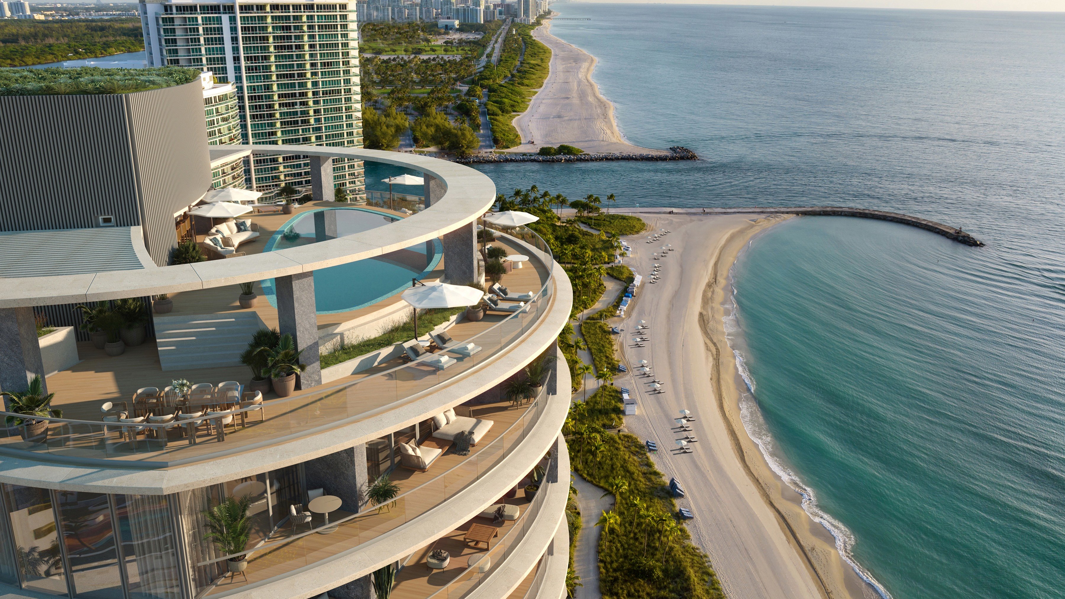 Rivage Bal Harbour oceanfront condo view with horizon and beaches in Bal Harbour, Miami—prime address for luxury and ultra luxury condos; preconstruction.