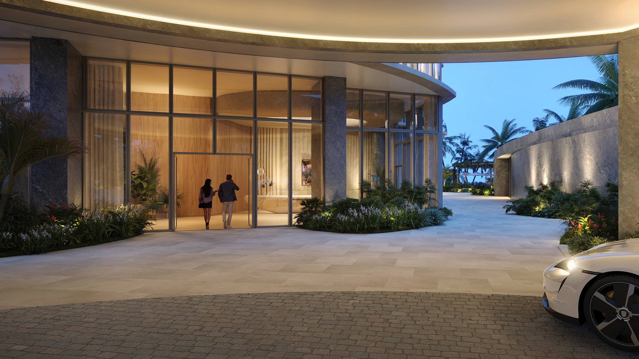 Rivage Bal Harbour luxury residential entrance at evening, valet arrival in Bal Harbour, Miami, exclusive access for luxury and ultra luxury condos; preconstruction.