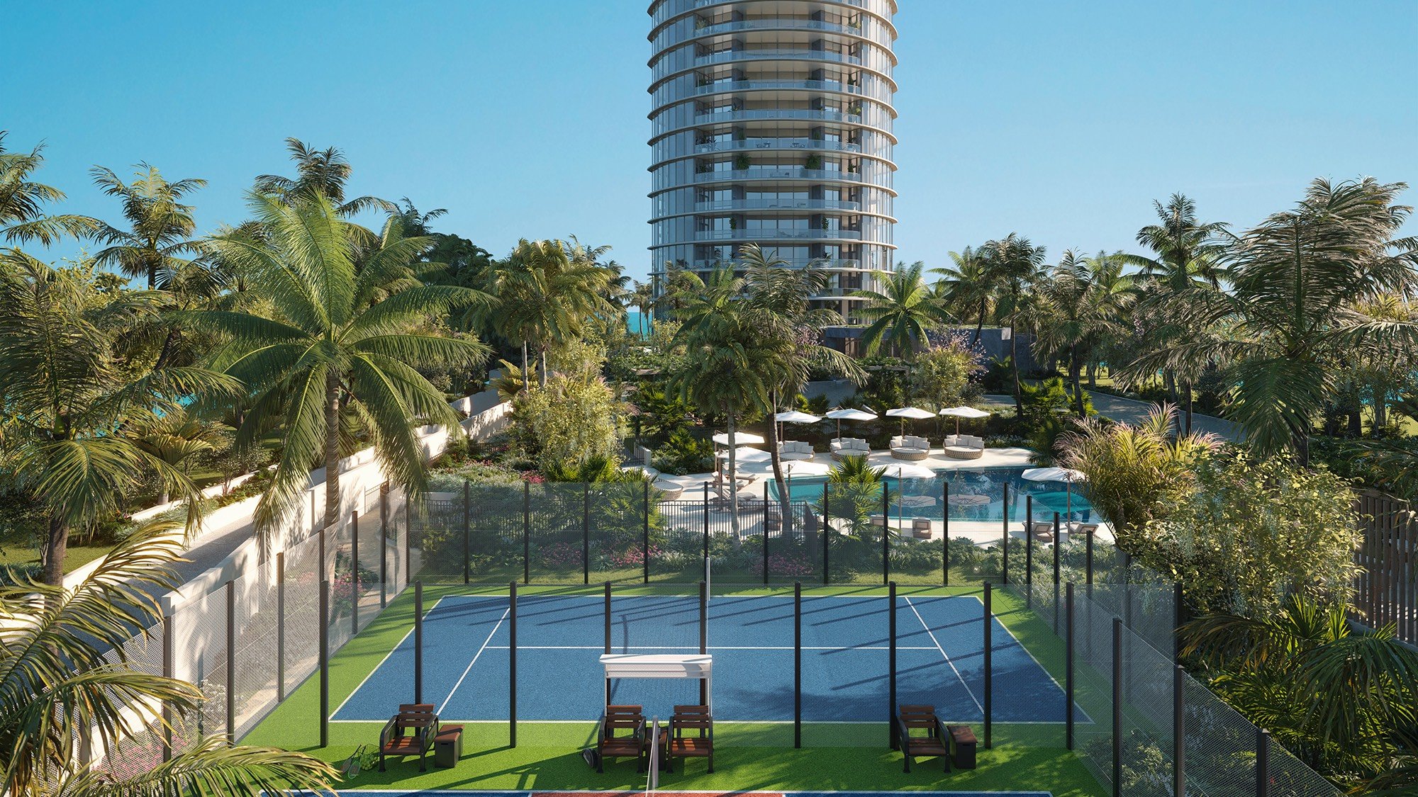 Rivage Bal Harbour tennis court at resort grounds in Bal Harbour, Miami, athletic amenity for luxury and ultra luxury condos; preconstruction.