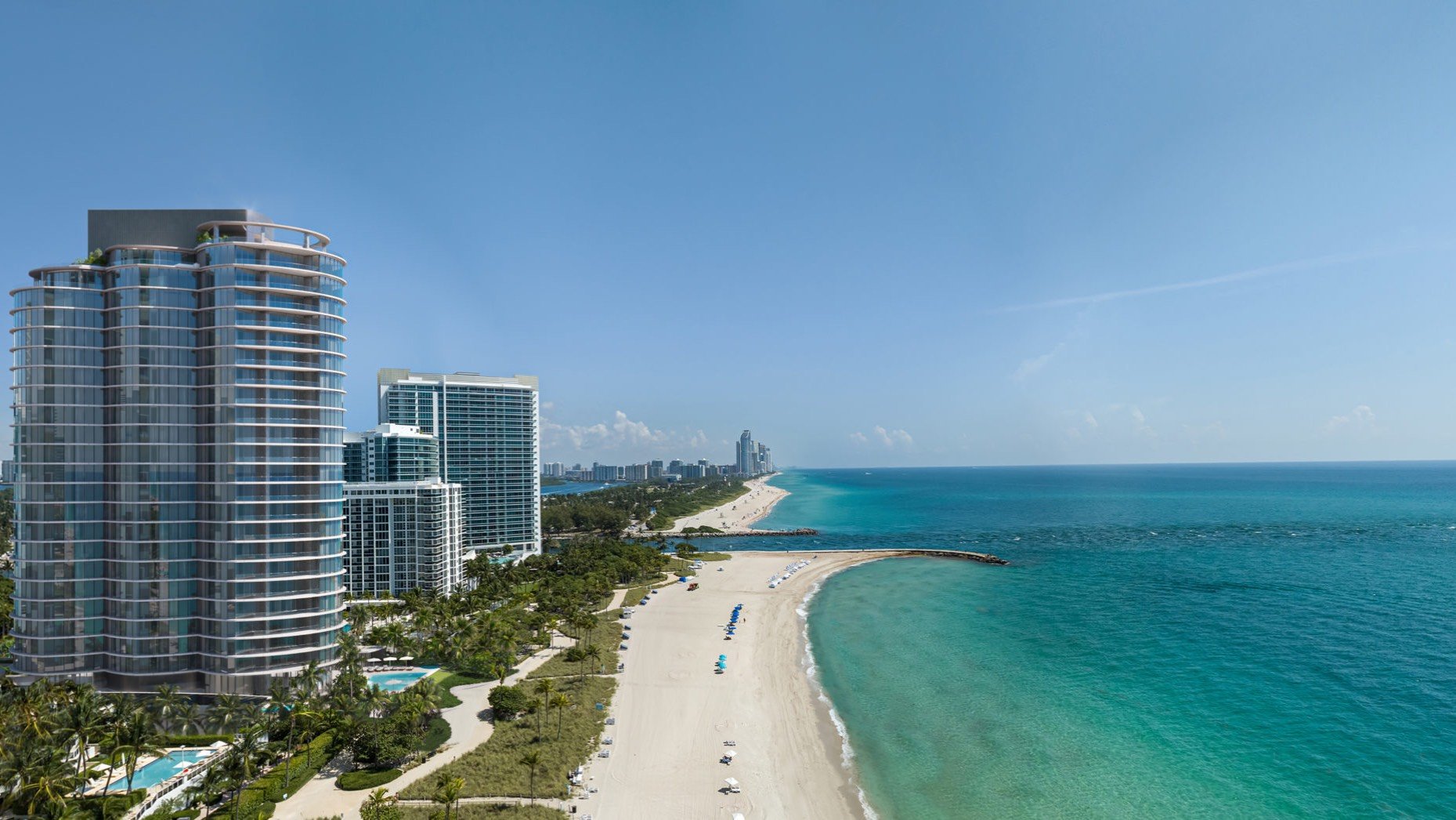 Rivage Bal Harbour view toward Miami Beach skyline and ocean, Bal Harbour, Miami, signature vistas from luxury and ultra luxury condos; preconstruction.