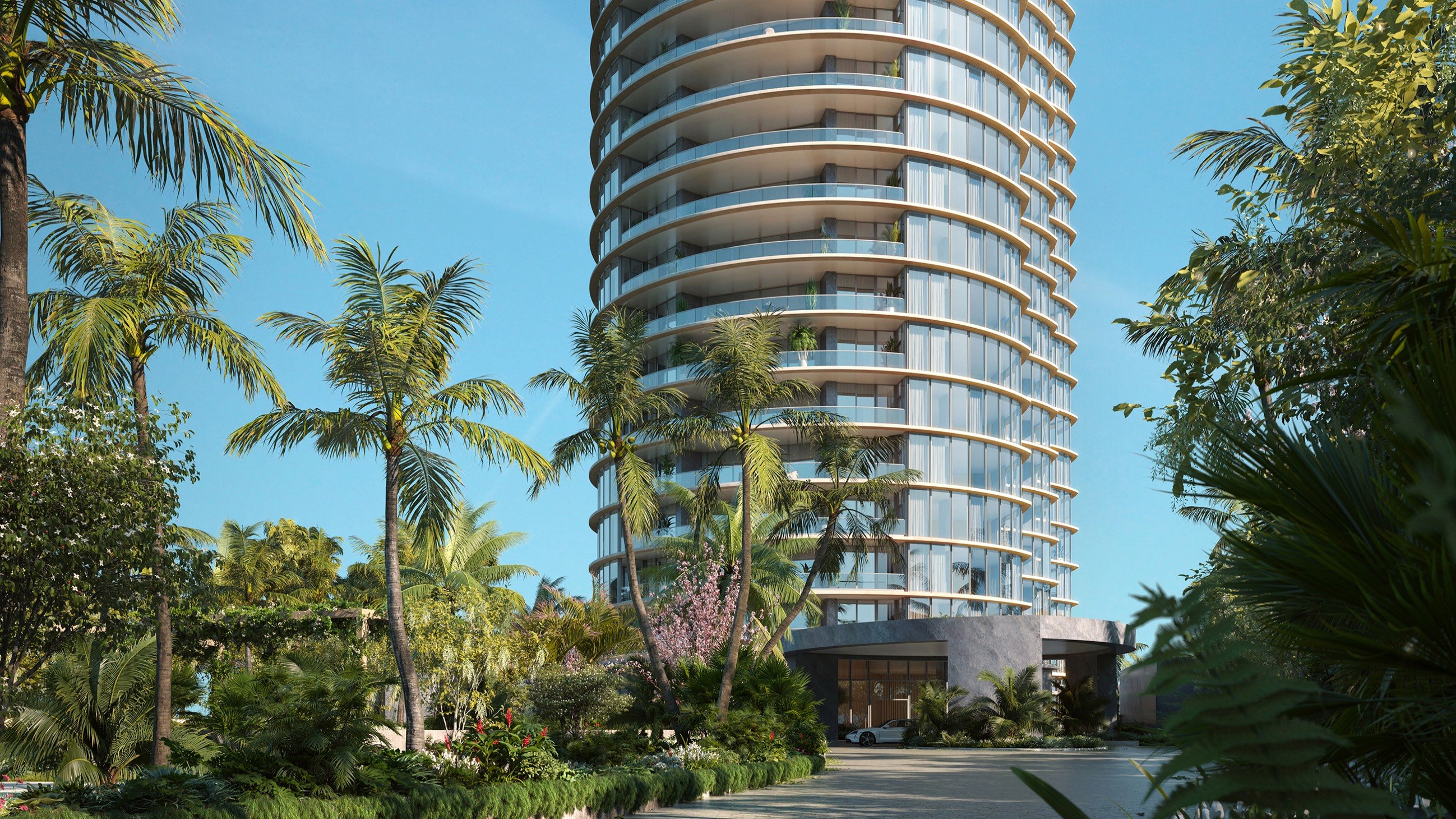 Rivage Bal Harbour modern apartment building with landscaped garden in Bal Harbour, Miami, contemporary architecture for luxury and ultra luxury condos; preconstruction.