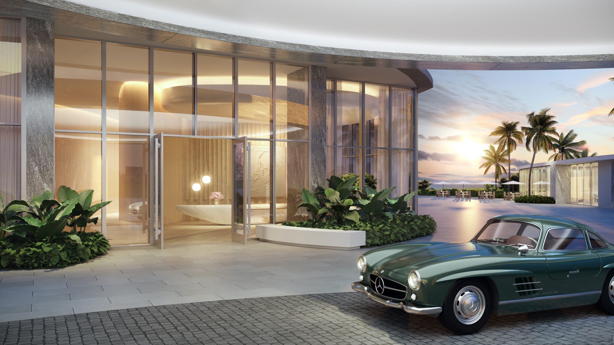 Rivage Bal Harbour architectural entrance at sunset with classic car, Bal Harbour, Miami, glamorous arrival for luxury and ultra luxury condos; preconstruction. Featuring modern.