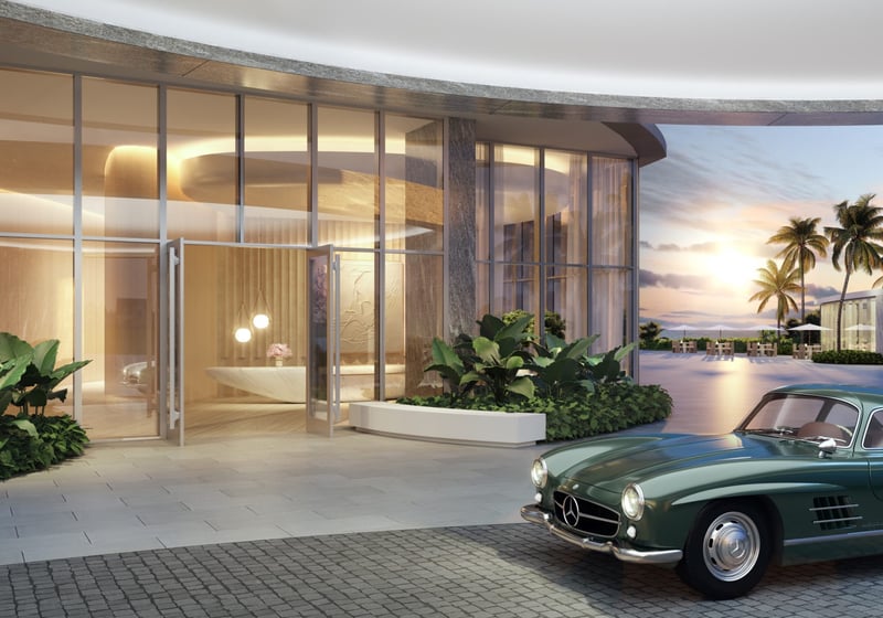 Rivage Bal Harbour architectural entrance at sunset with classic car, Bal Harbour, Miami, glamorous arrival for luxury and ultra luxury condos; preconstruction. Featuring modern.