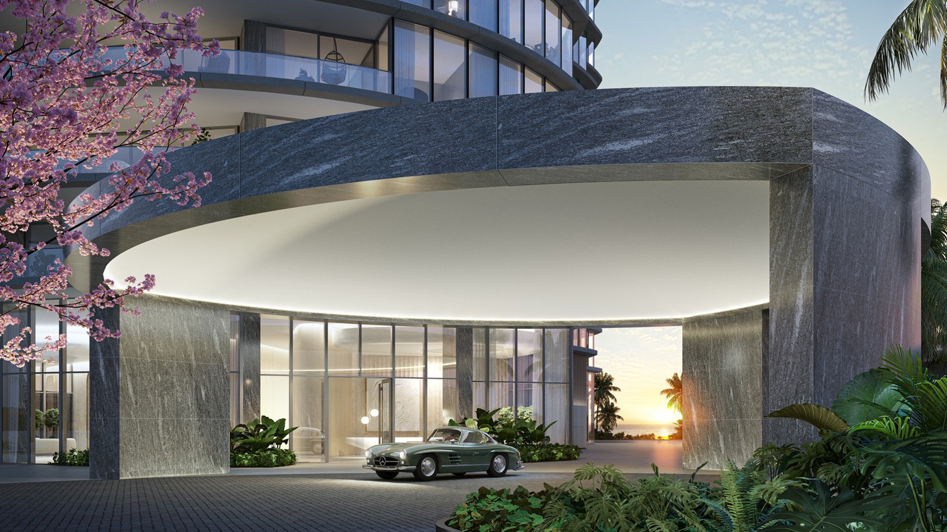Rivage Bal Harbour modern entrance with car at sunset, Bal Harbour, Miami, elegant porte‑cochère for luxury and ultra luxury condos; preconstruction. Featuring architectural.