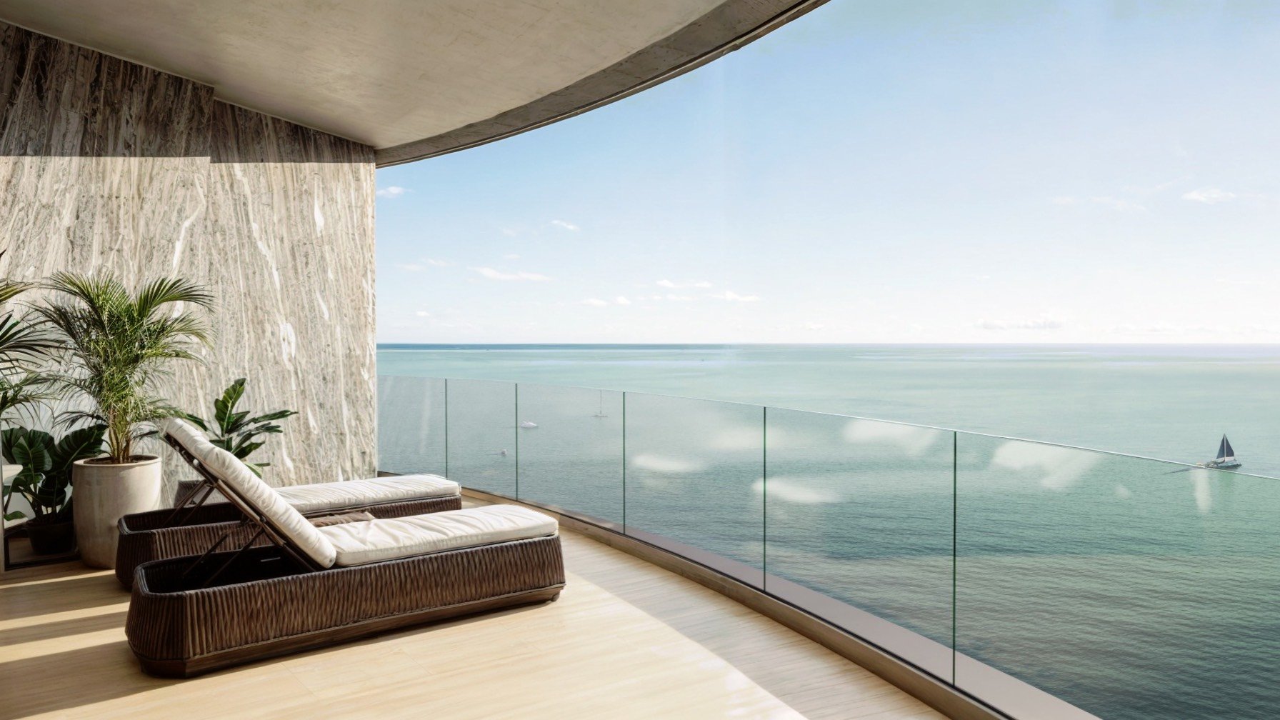 Rivage Bal Harbour modern balcony with ocean view in Bal Harbour, Miami, coastal living for luxury and ultra luxury condos; preconstruction.