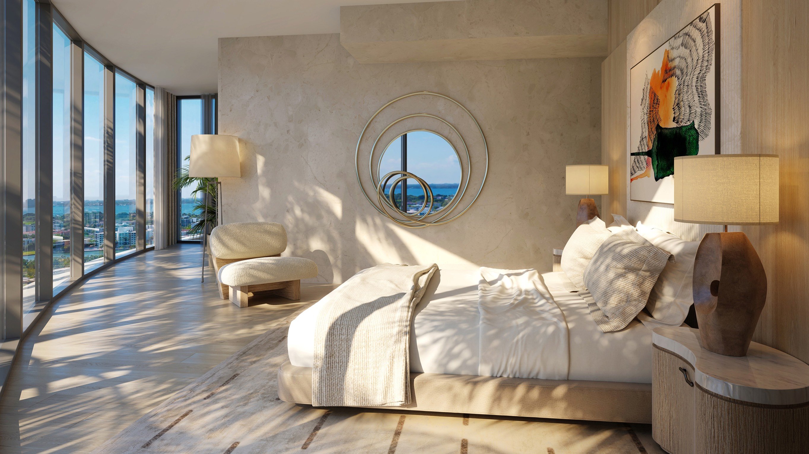 Rivage Bal Harbour, Bal Harbour Miami bedroom with panoramic ocean view, serene suite within luxury and ultra luxury condos; preconstruction. Featuring modern interior.