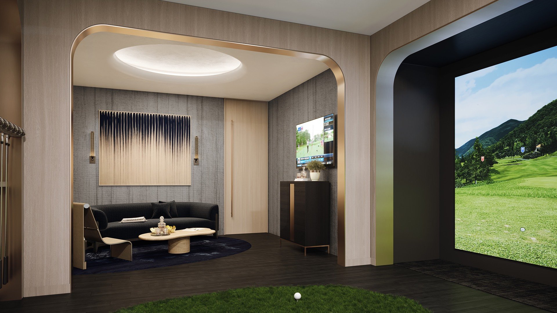 Rivage Bal Harbour, Bal Harbour Miami golf simulator lounge, private club amenity for luxury and ultra luxury condos; preconstruction. Featuring modern.