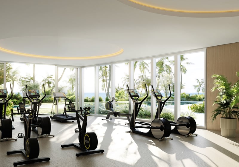 Rivage Bal Harbour, Bal Harbour Miami fitness studio with bay and skyline views, health amenities for luxury and ultra luxury condos; preconstruction. Featuring modern, gym, and view.