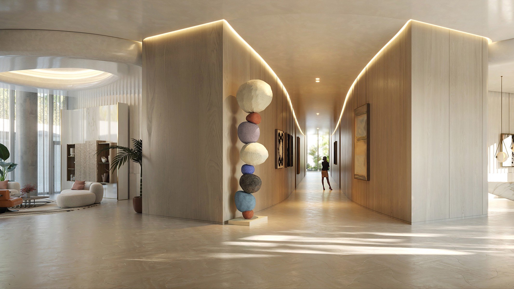 Rivage Bal Harbour, Bal Harbour Miami art‑lined hallway with sculptural lighting, gallery ambiance within luxury and ultra luxury condos; preconstruction. Featuring modern interior and artwork.