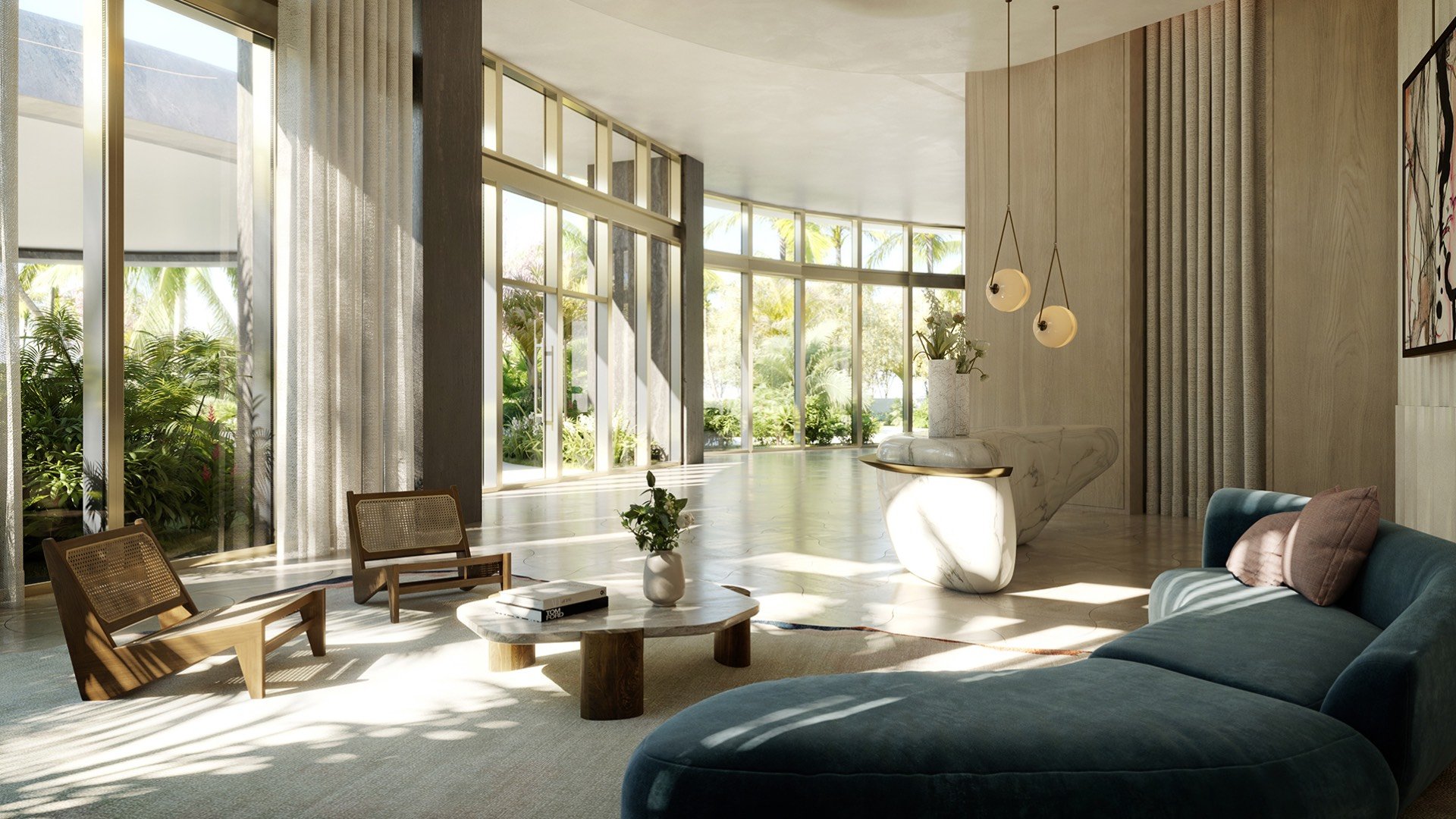Rivage Bal Harbour, Bal Harbour Miami plant‑filled living room, indoor‑outdoor style in luxury and ultra luxury condos; preconstruction. Featuring modern interior.
