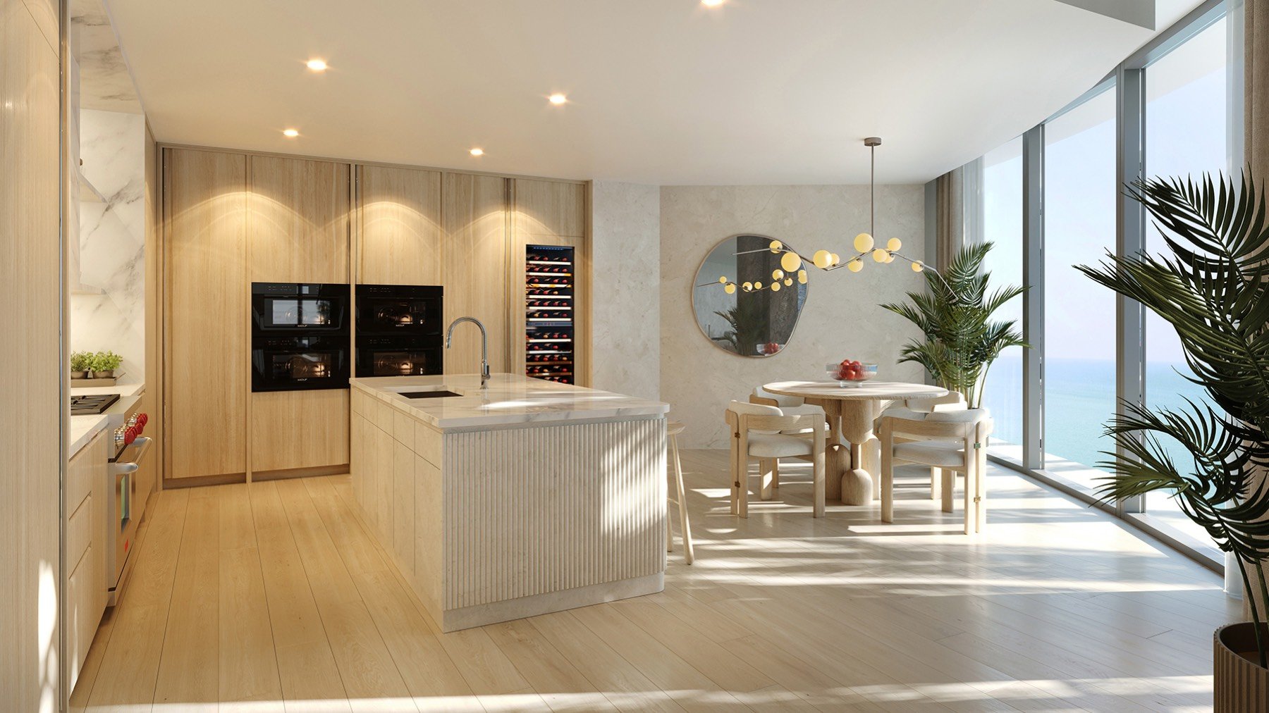 Rivage Bal Harbour, Bal Harbour Miami kitchen with full ocean view, contemporary finishes in luxury and ultra luxury condos; preconstruction. Featuring modern interior.