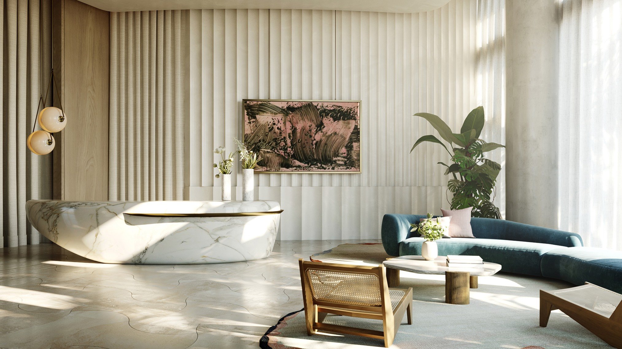 Rivage Bal Harbour, Bal Harbour Miami modern living room with refined textures, elegant design in luxury and ultra luxury condos; preconstruction. Featuring interior.