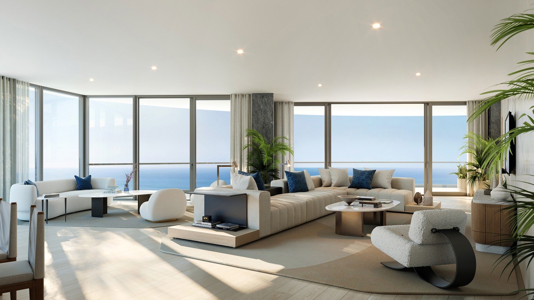Rivage Bal Harbour, Bal Harbour Miami living room with expansive ocean view, floor‑to‑ceiling glass in luxury and ultra luxury condos; preconstruction. Featuring modern.