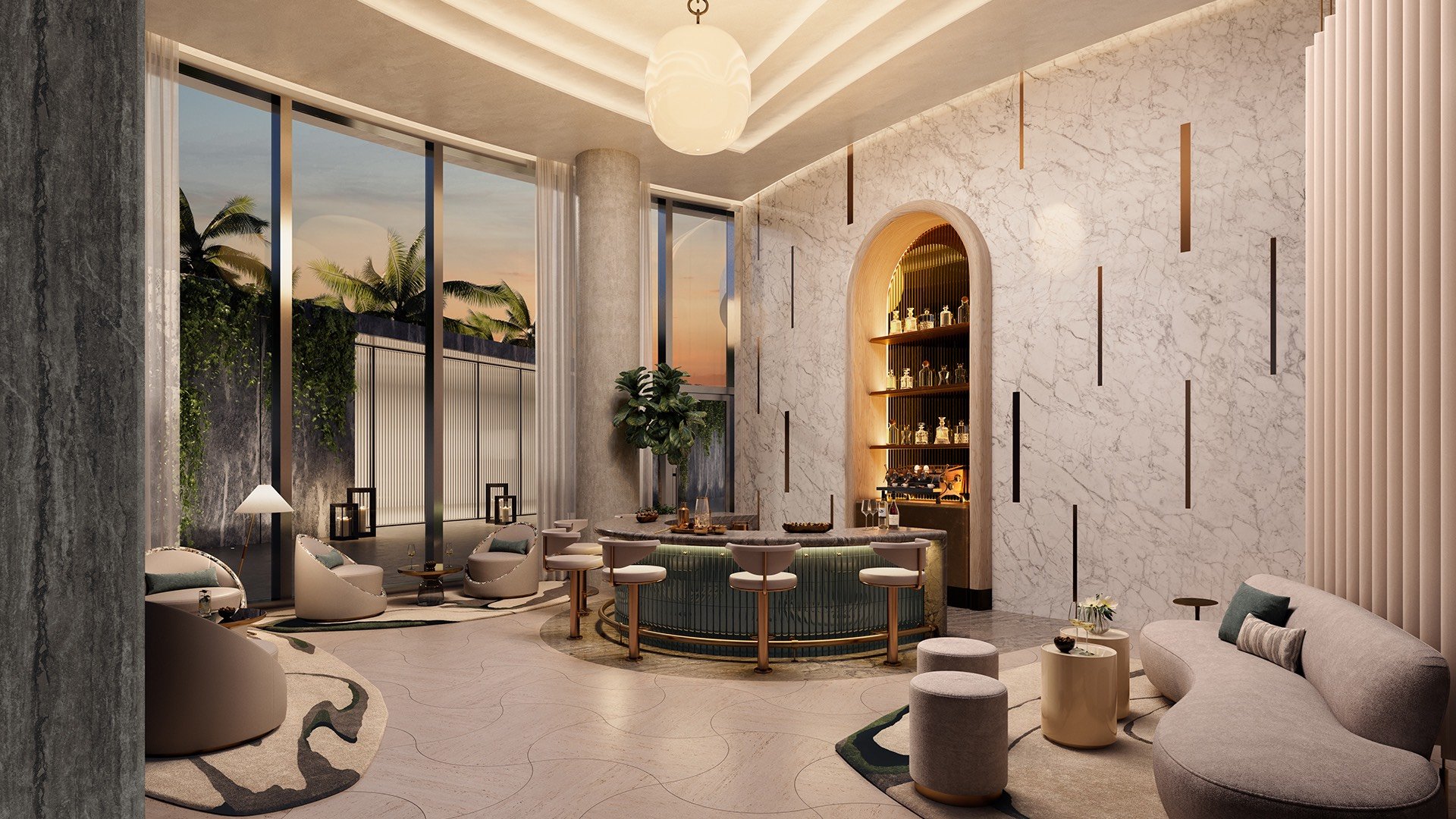 Rivage Bal Harbour, Bal Harbour Miami modern lounge with sculptural architecture, social amenity for luxury and ultra luxury condos; preconstruction. Featuring interior.