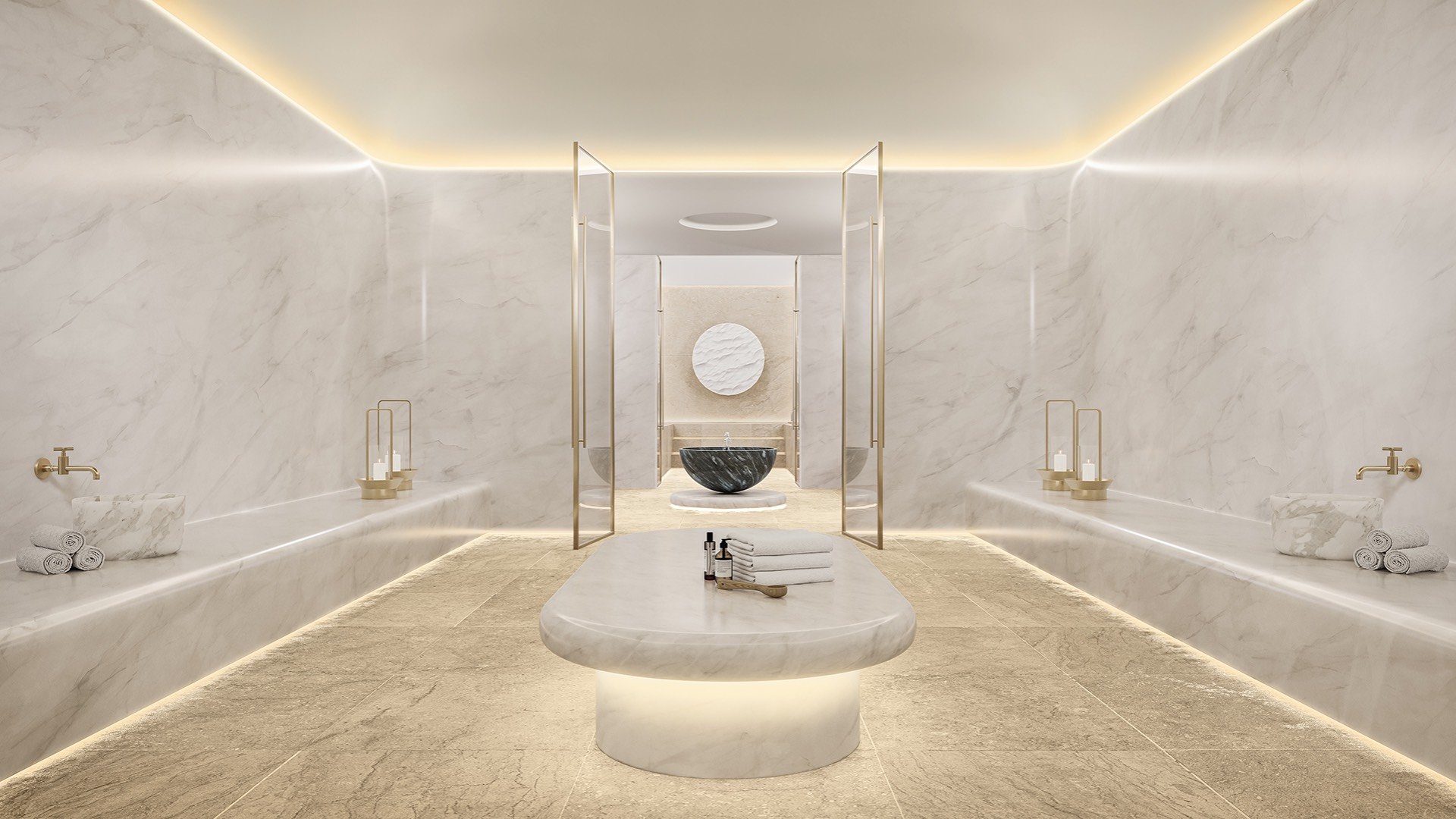 Rivage Bal Harbour, Bal Harbour Miami luxury spa with modern fixtures, elegant sanctuary within luxury and ultra luxury condos; preconstruction. Featuring bespoke interiors.