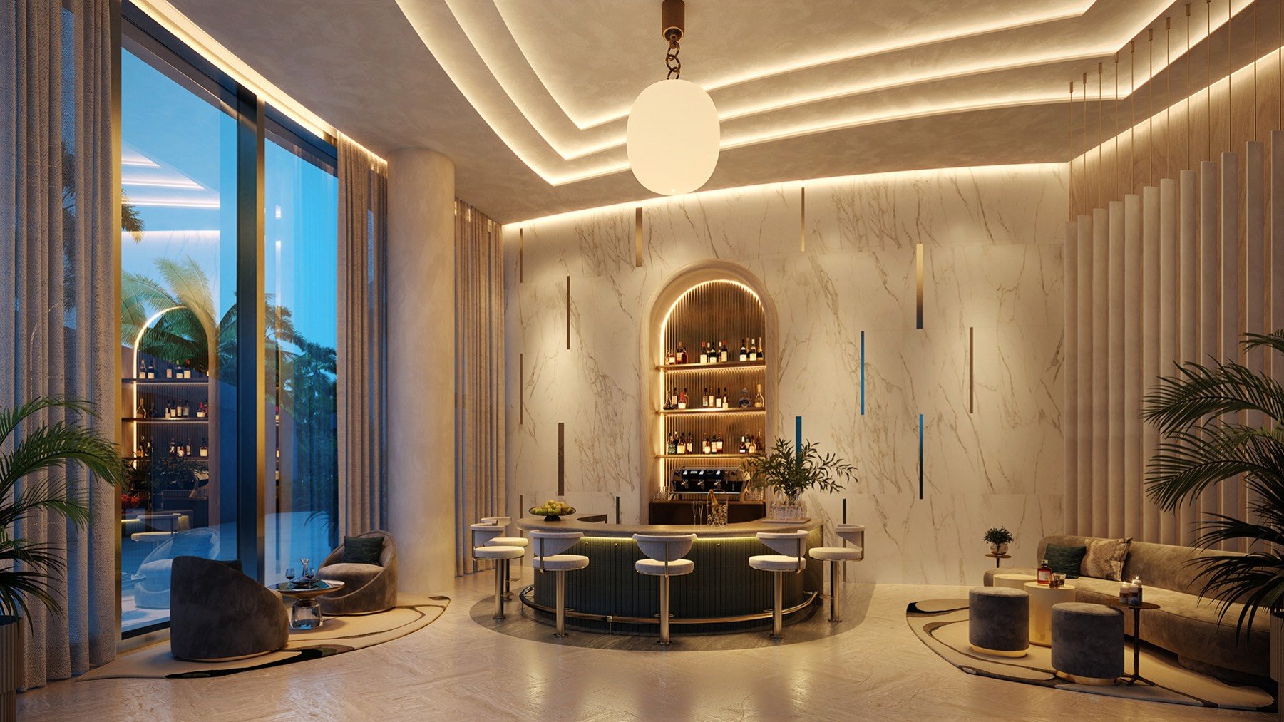Rivage Bal Harbour, Bal Harbour Miami modern luxury lounge interior, resort-style amenity for luxury and ultra luxury condos; preconstruction oceanfront living.