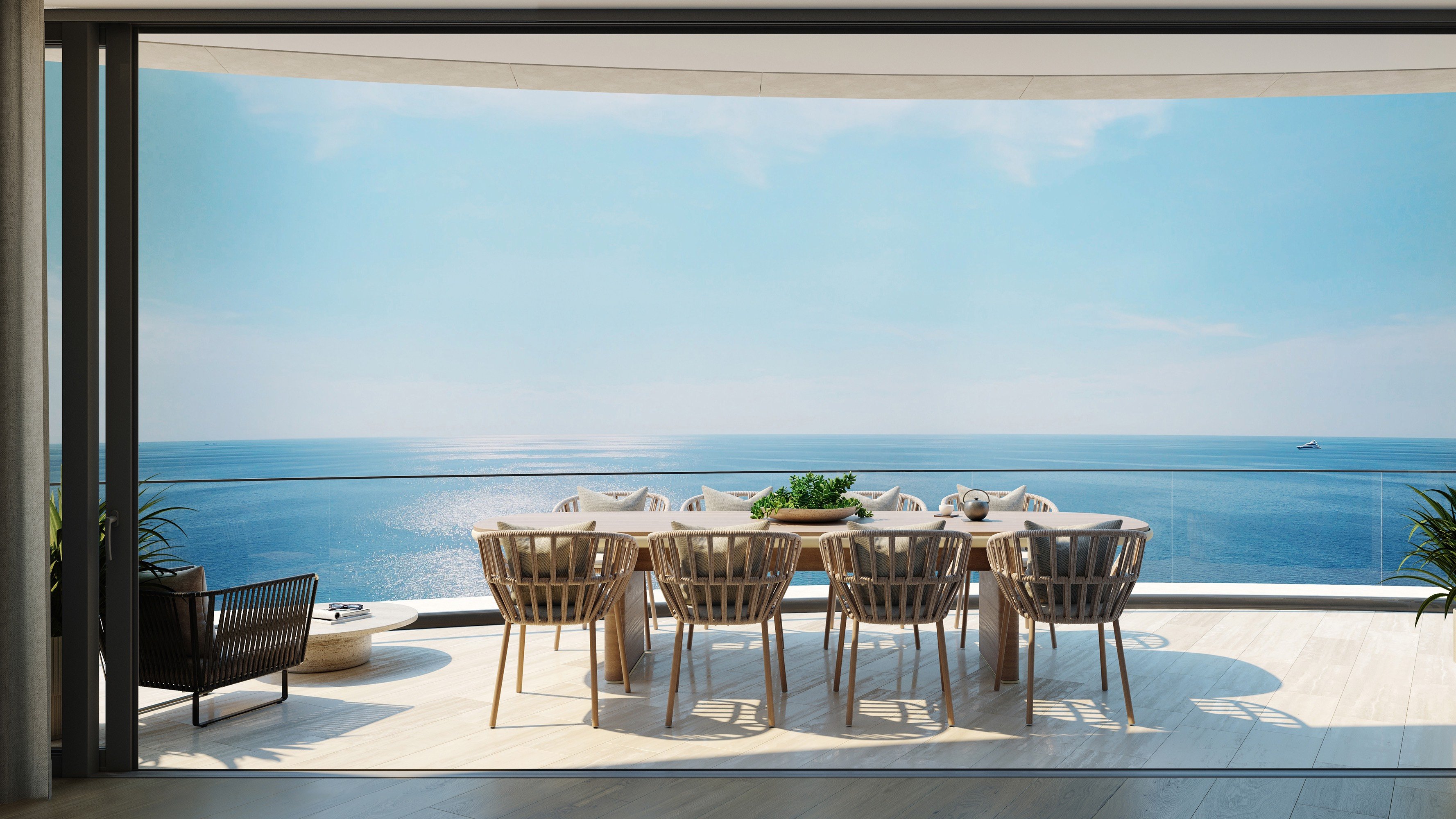 Rivage Bal Harbour, Bal Harbour Miami ocean-view balcony dining, indoor-outdoor living for luxury and ultra luxury condos; preconstruction.