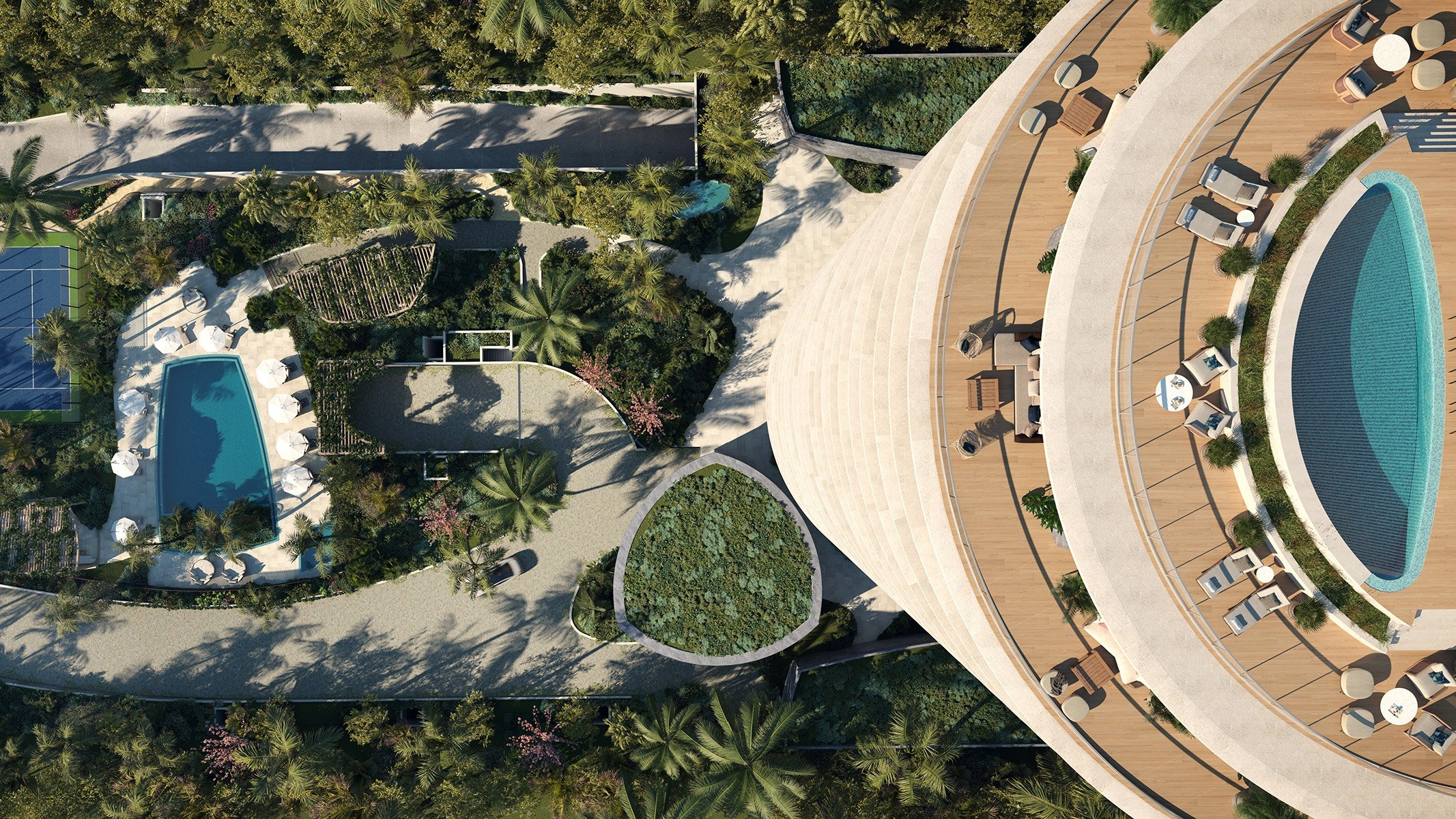 Rivage Bal Harbour, Bal Harbour Miami resort aerial with pool and gardens—Atlantic-front tower of luxury and ultra luxury condos; preconstruction.