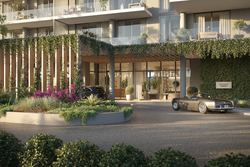 Arrival porte cochere at Rosewood Residences Hillsboro Beach on Hillsboro Mile, Florida, with lush landscaped entry and lobby drop-off, showcasing luxury and ultra luxury preconstruction condos.