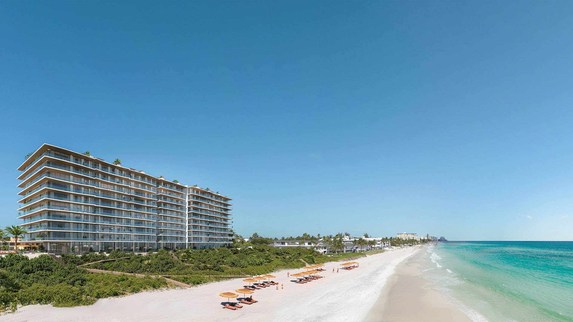 Beachfront exterior of Rosewood Residences Hillsboro Beach, Florida, north coastline view with private beach setup on the Atlantic Ocean, highlighting luxury and ultra luxury preconstruction condos.