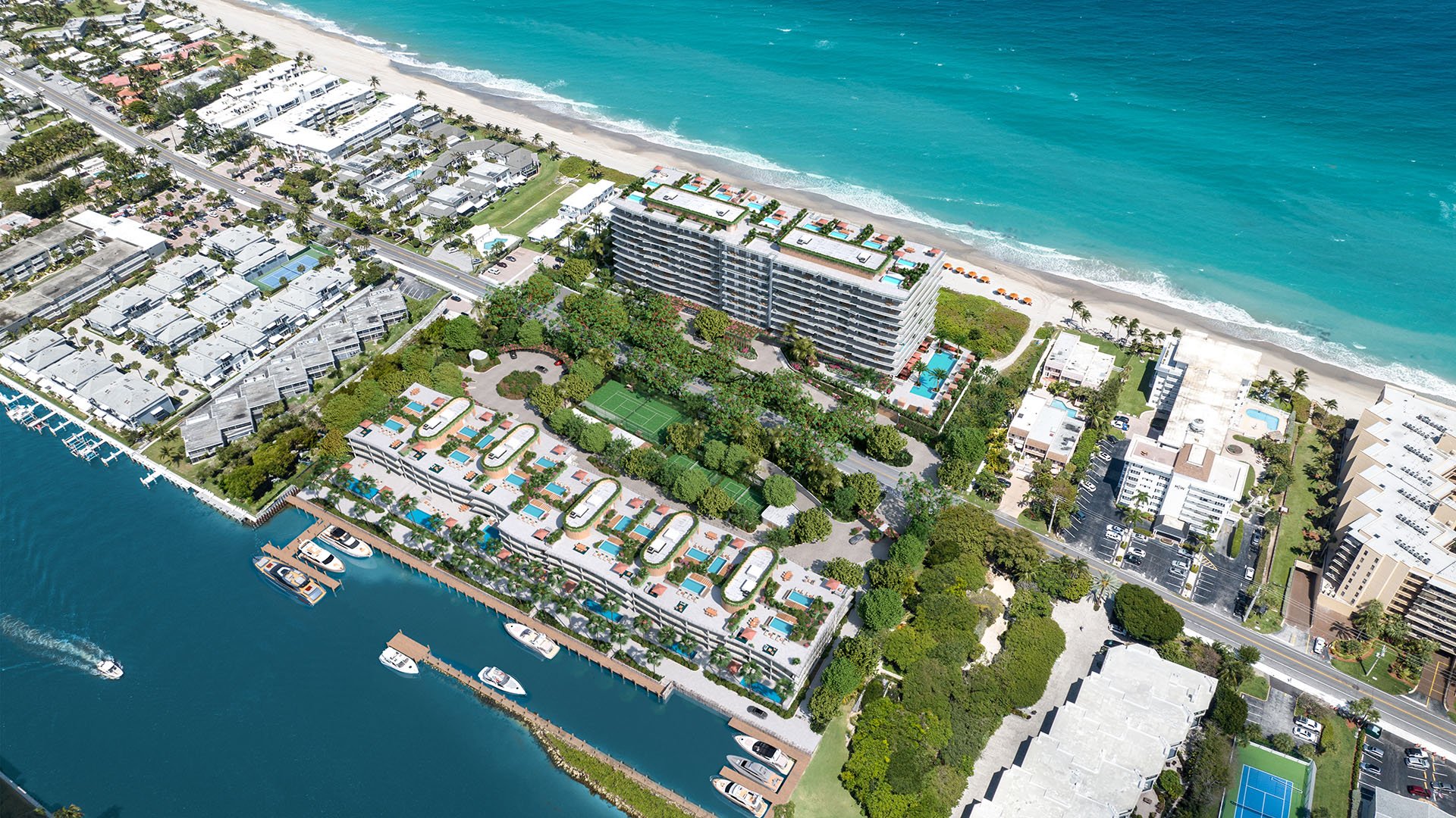 Full site aerial masterplan of Rosewood Residences Hillsboro Beach, Florida from Atlantic Ocean to Intracoastal Waterway, showing marina docks, tennis courts and pools for luxury and ultra luxury preconstruction condos.