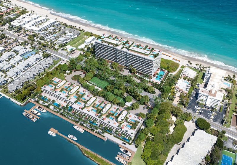 Full site aerial masterplan of Rosewood Residences Hillsboro Beach, Florida from Atlantic Ocean to Intracoastal Waterway, showing marina docks, tennis courts and pools for luxury and ultra luxury preconstruction condos.