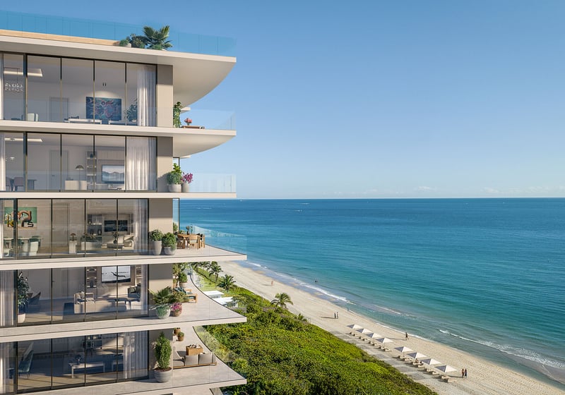 Hummingbird view of Rosewood Residences Hillsboro Beach, Florida, north oceanfront corner balcony with glass wraparound terrace and sweeping Atlantic Ocean, luxury and ultra luxury preconstruction condos.