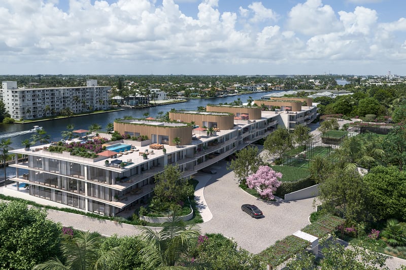 Aerial of Rosewood Residences Hillsboro Beach, Florida intracoastal waterfront residences with rooftop pools, marina frontage and tennis courts, showcasing luxury and ultra luxury preconstruction condos.