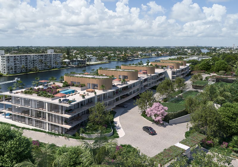 Aerial of Rosewood Residences Hillsboro Beach, Florida intracoastal waterfront residences with rooftop pools, marina frontage and tennis courts, showcasing luxury and ultra luxury preconstruction condos.