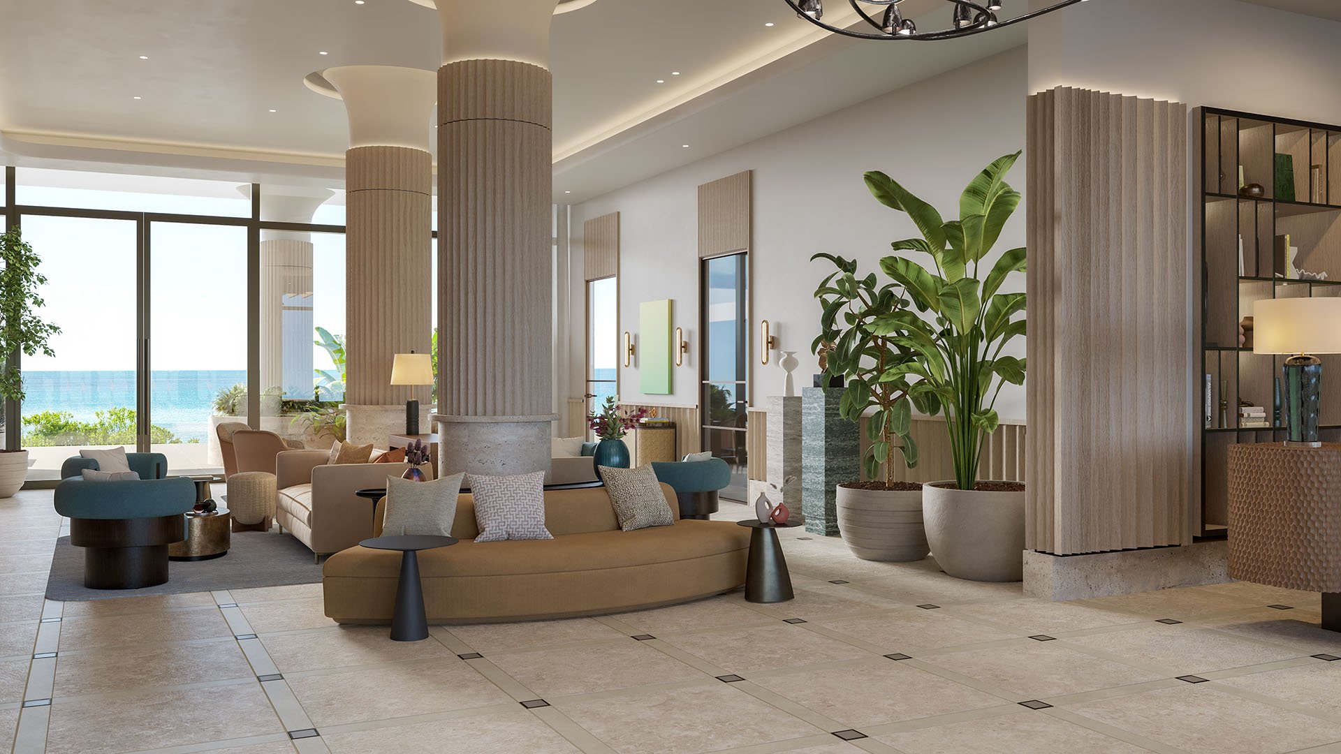 Rosewood Residences Hillsboro Beach, Florida lobby lounge with tall columns, indoor plants and ocean-view seating area, part of luxury and ultra luxury preconstruction condos amenities.