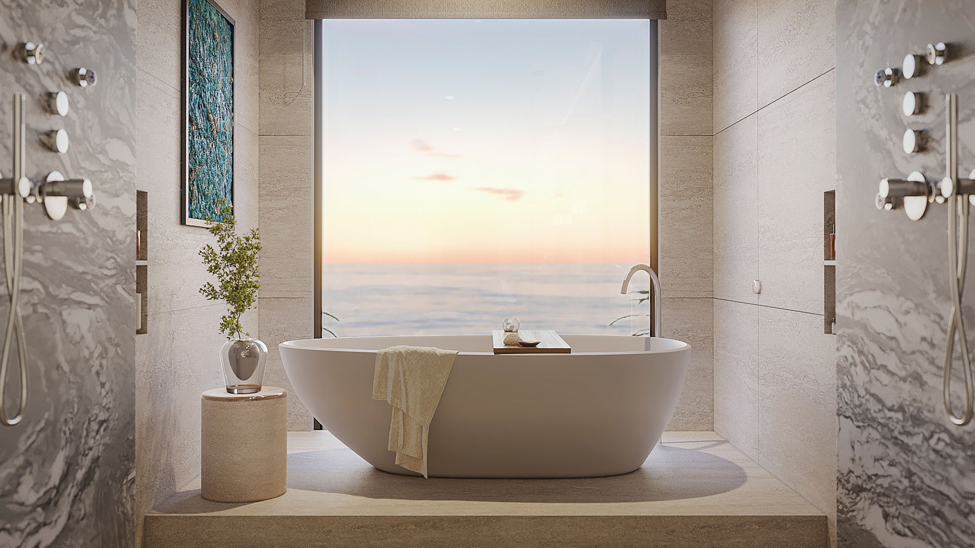 Spa-like primary bathroom at Rosewood Residences Hillsboro Beach, Florida with freestanding tub, sunset Atlantic Ocean view and marble shower suite, luxury and ultra luxury preconstruction condos.