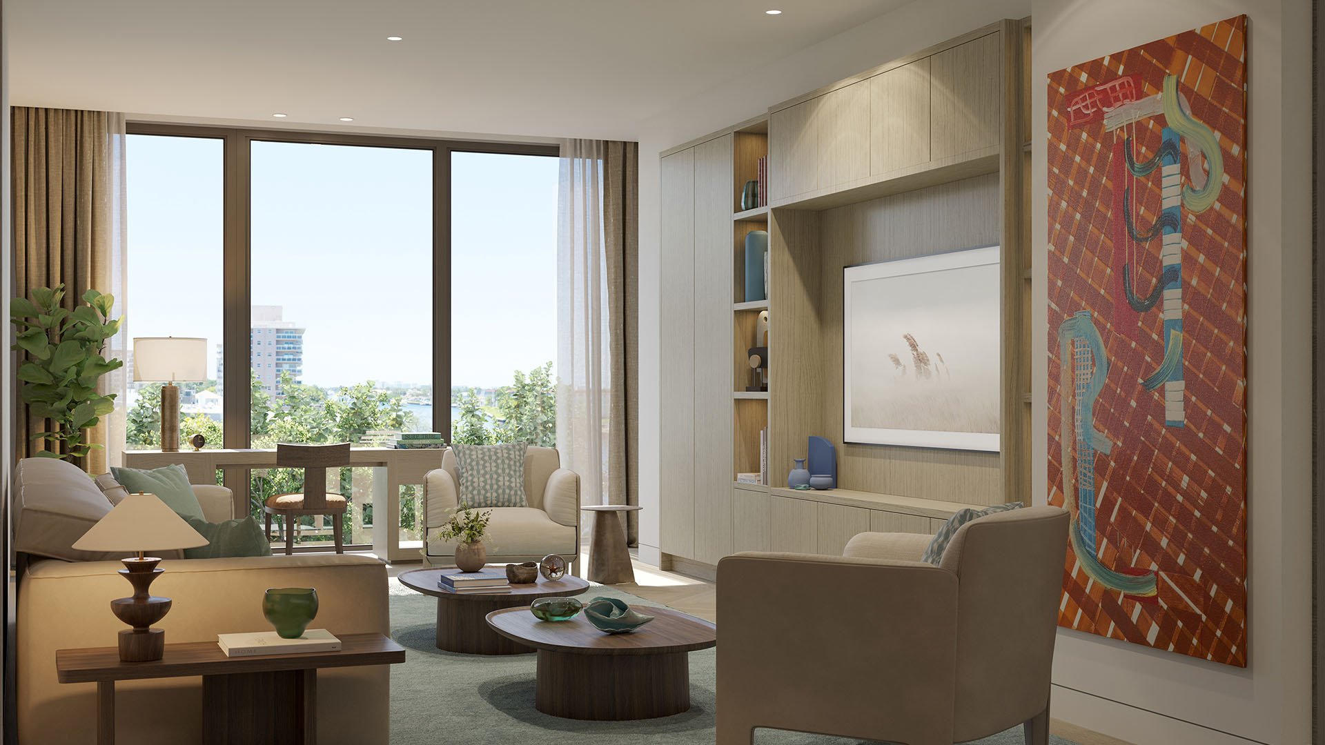 Rosewood Residences Hillsboro Beach, Florida residence family room with built-in media wall, lounge seating and balcony outlook, reflecting luxury and ultra luxury preconstruction condos lifestyle.