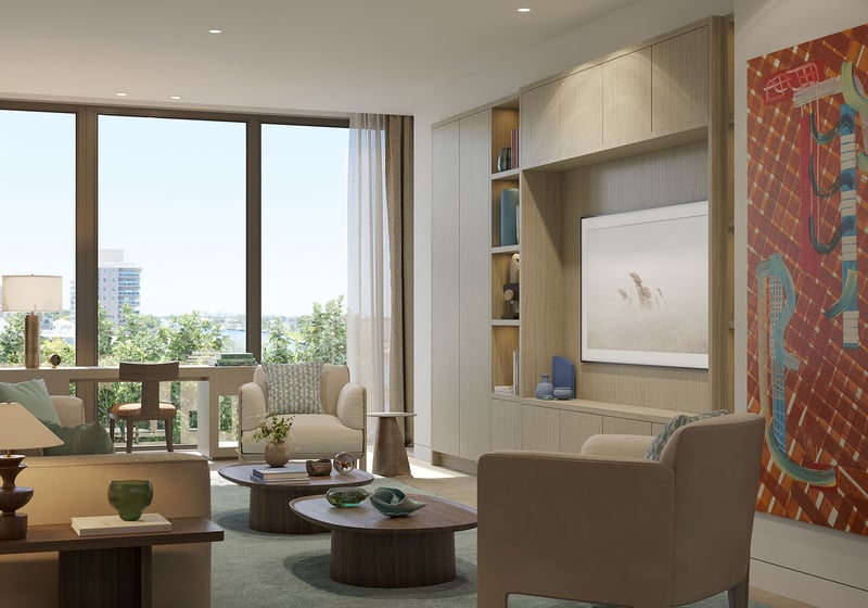 Rosewood Residences Hillsboro Beach, Florida residence family room with built-in media wall, lounge seating and balcony outlook, reflecting luxury and ultra luxury preconstruction condos lifestyle.