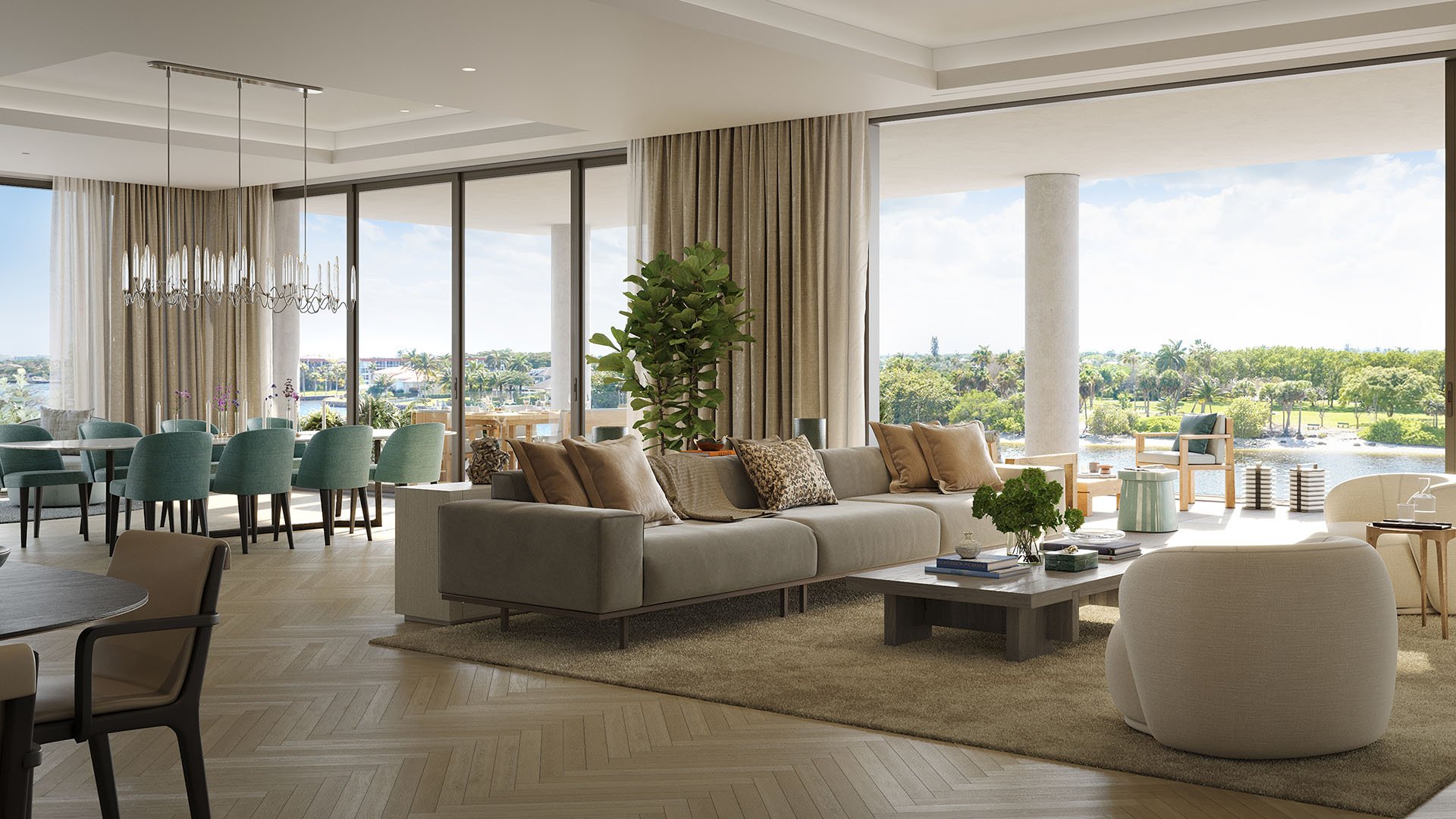 Rosewood Residences Hillsboro Beach, Florida open-concept great room with living and dining zones flowing to terrace with Intracoastal Waterway views, for luxury and ultra luxury preconstruction condos.