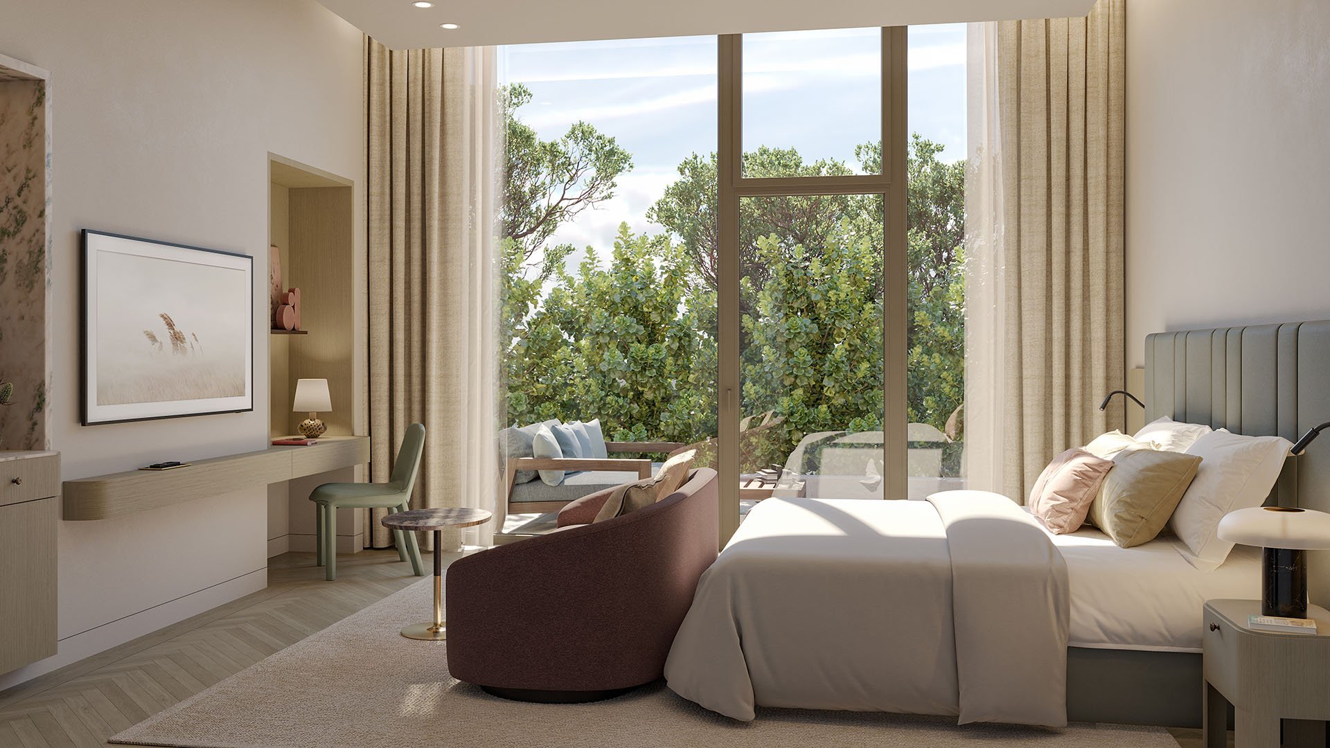 Rosewood Residences Hillsboro Beach, Florida guest suite bedroom with private terrace, warm neutrals and garden views, part of luxury and ultra luxury preconstruction condos residences.