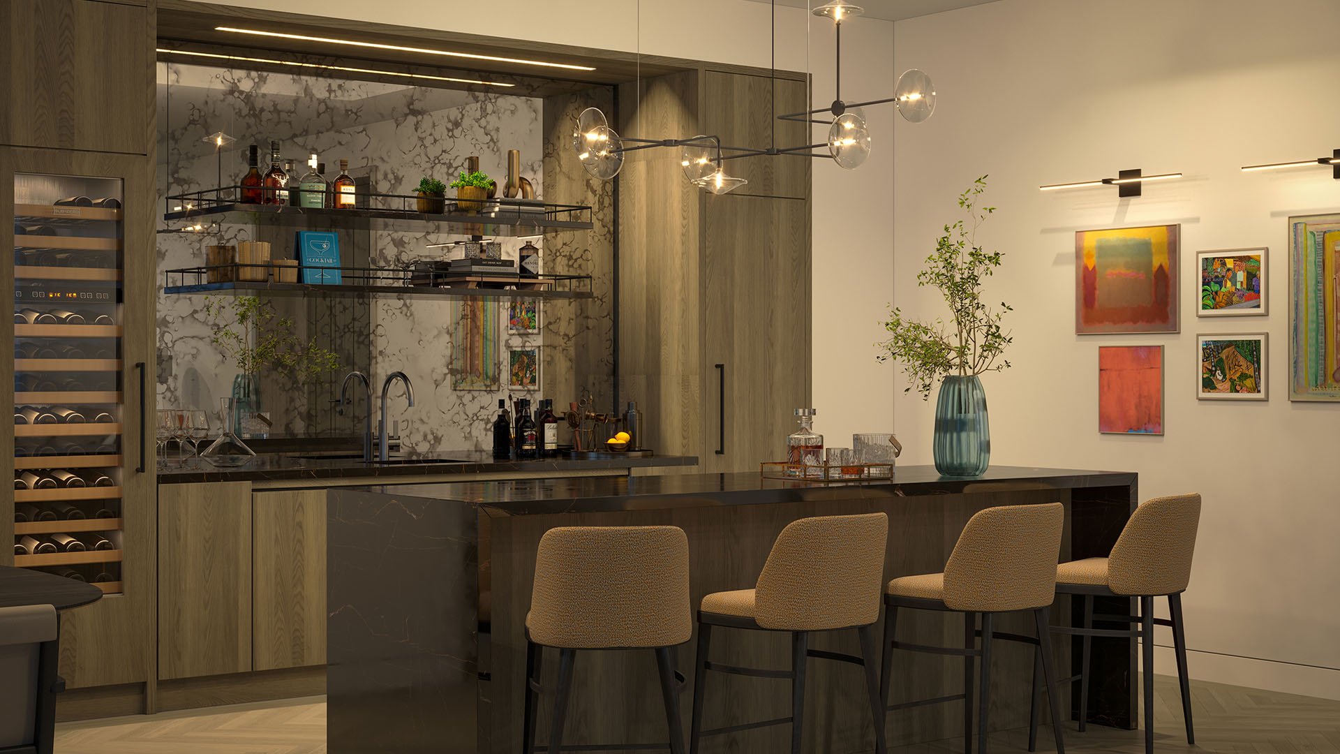 Rosewood Residences Hillsboro Beach, Florida home bar with wine storage, marble backsplash, sink and island seating under designer lighting, an amenity for luxury and ultra luxury preconstruction condos.