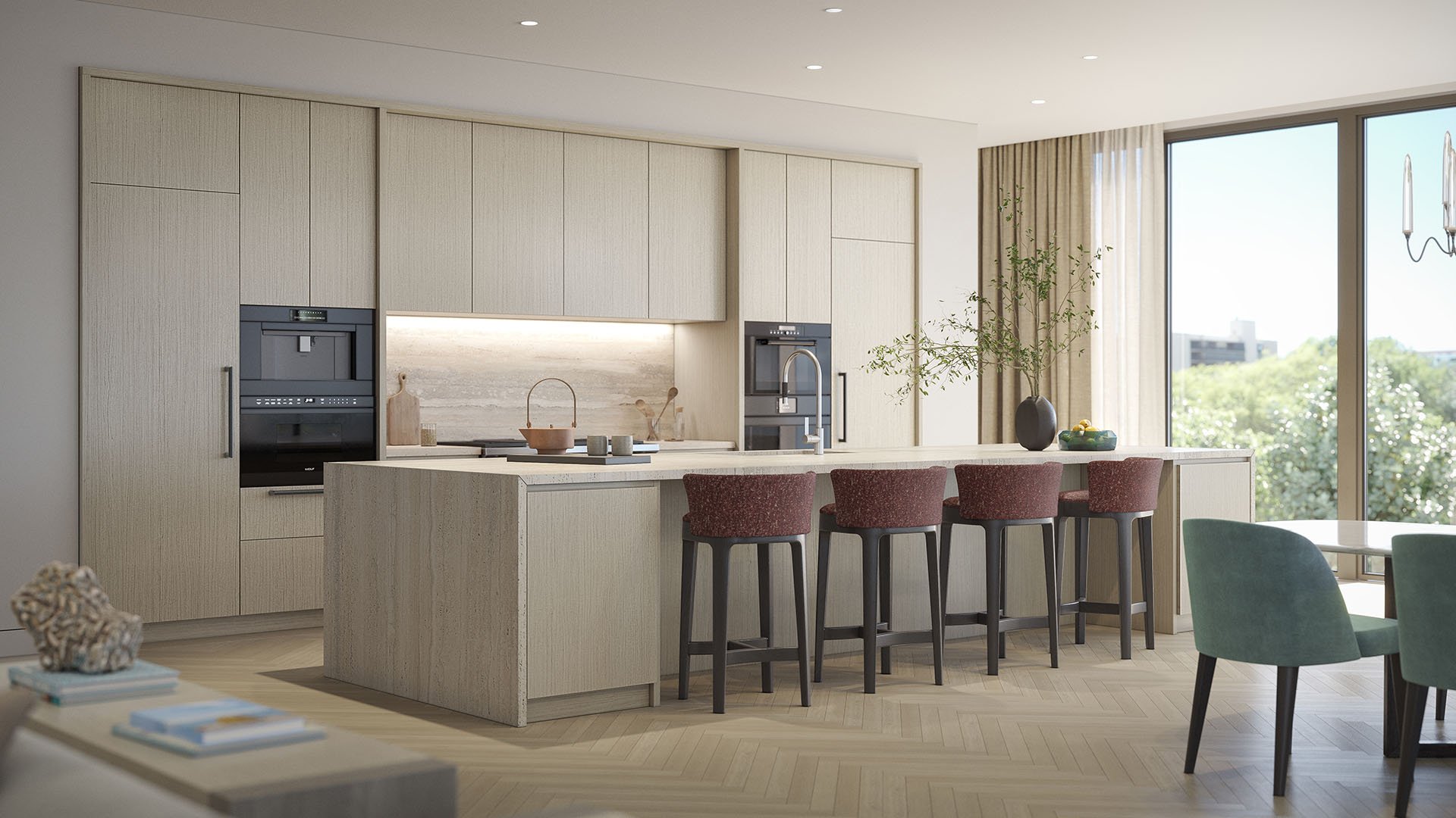 Rosewood Residences Hillsboro Beach, Florida modern kitchen with sleek cabinetry, integrated appliances and oversized island with bar seating, crafted for luxury and ultra luxury preconstruction condos.