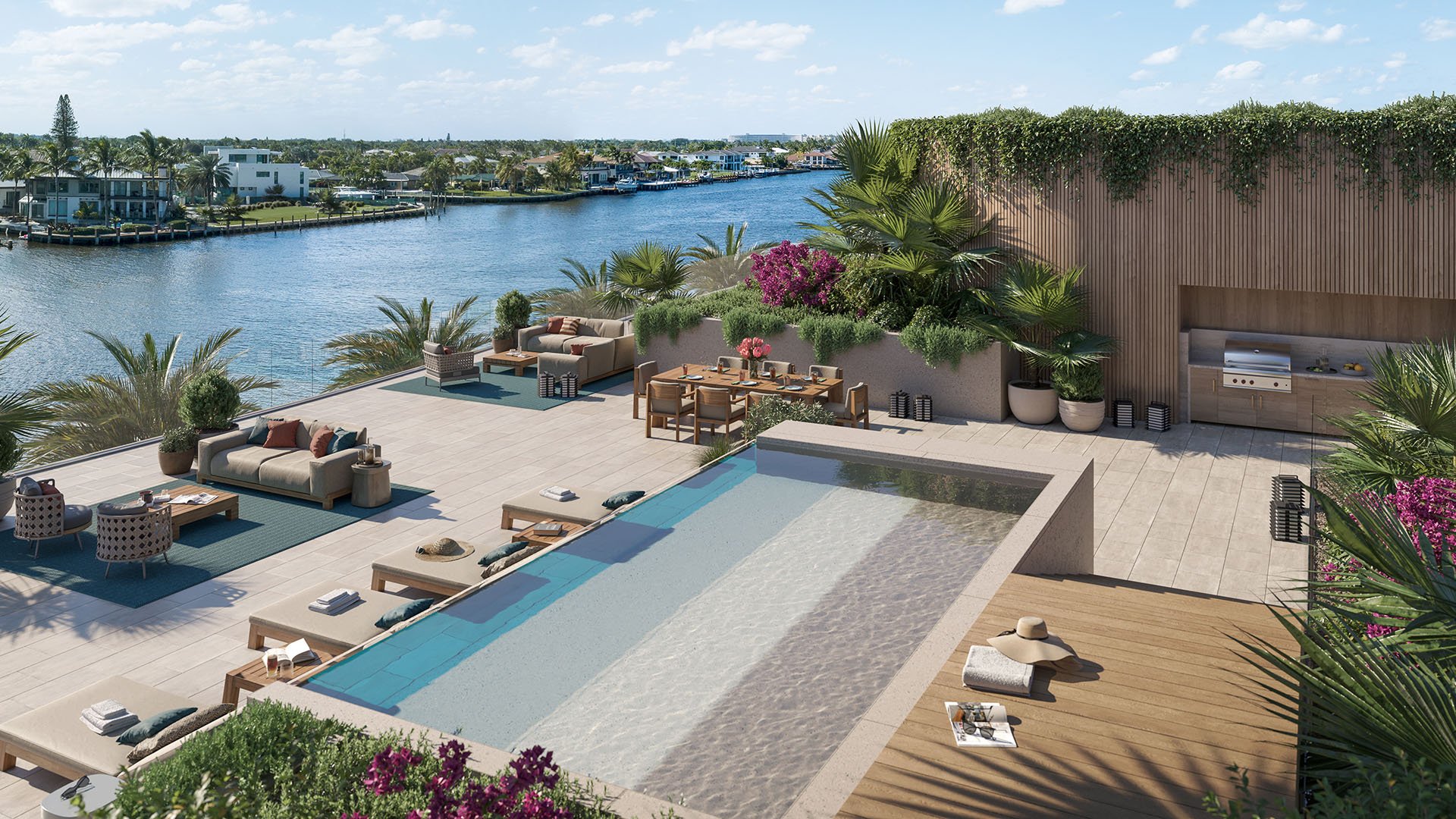 Rosewood Residences Hillsboro Beach, Florida rooftop terrace with plunge pool, outdoor kitchen grill, dining and lounge areas with Intracoastal Waterway views, for luxury and ultra luxury preconstruction condos.