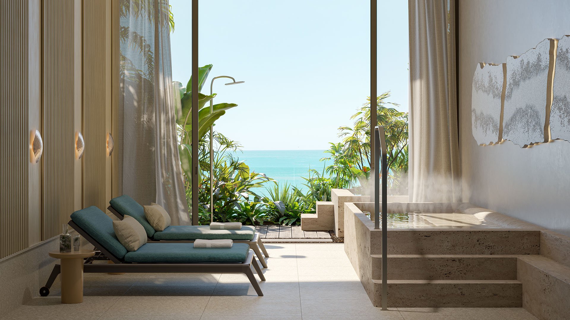 Rosewood Residences Hillsboro Beach women's spa with ocean-view steam soaking tub, outdoor shower and relaxation loungers, capturing luxury and ultra luxury preconstruction condos wellness amenities in Hillsboro Beach, Florida.