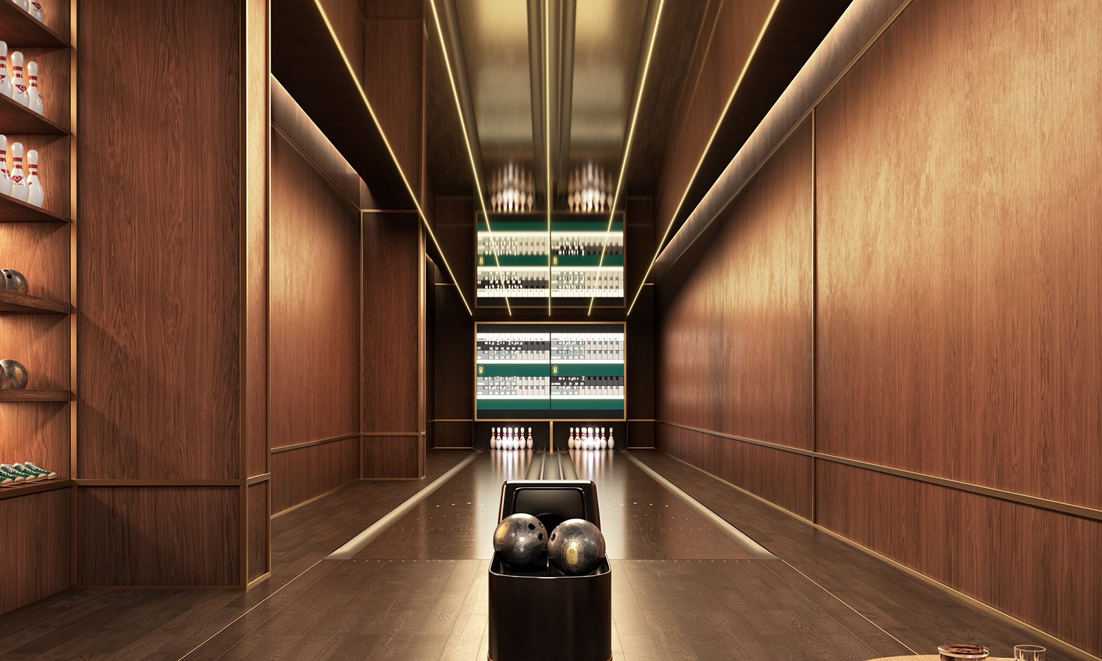 Shell Bay by Auberge, Hallandale Beach bowling alley interior, private club amenity for luxury and ultra luxury condos; preconstruction. Featuring design.