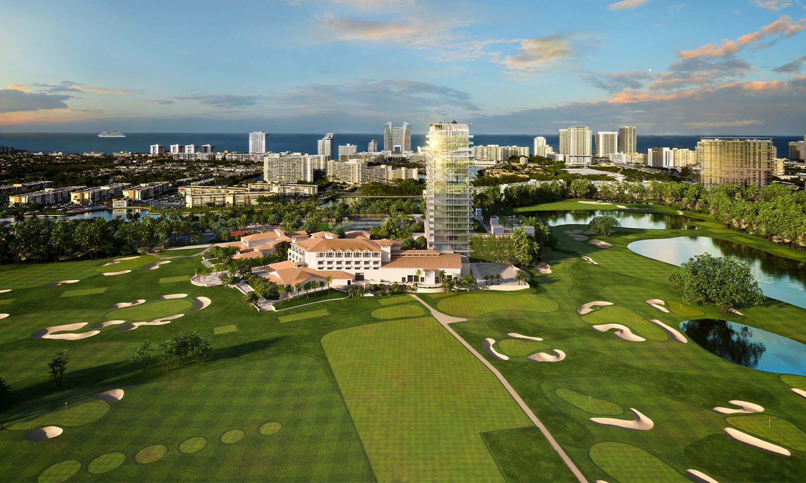 Shell Bay by Auberge, Hallandale Beach golf course aerial with tower, signature skyline living in luxury and ultra luxury condos; preconstruction. Featuring view and skyscraper.