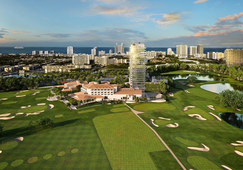 Shell Bay by Auberge, Hallandale Beach golf course aerial with tower, signature skyline living in luxury and ultra luxury condos; preconstruction. Featuring view and skyscraper.