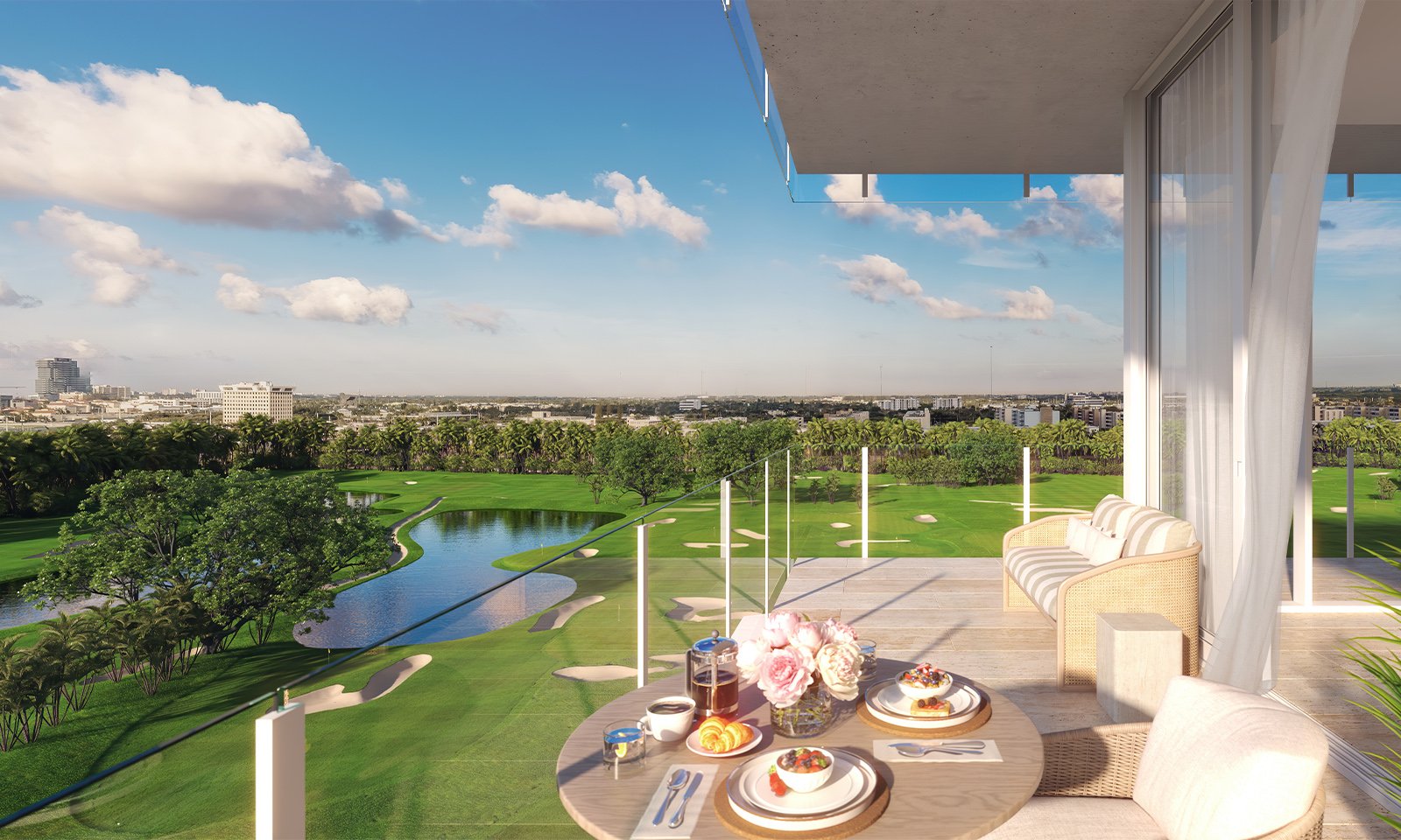 Shell Bay by Auberge, Hallandale Beach balcony breakfast over golf course, club lifestyle for luxury and ultra luxury condos; preconstruction.