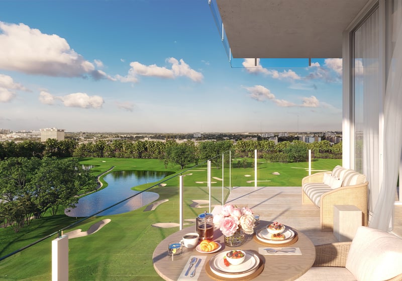 Shell Bay by Auberge, Hallandale Beach balcony breakfast over golf course, club lifestyle for luxury and ultra luxury condos; preconstruction.