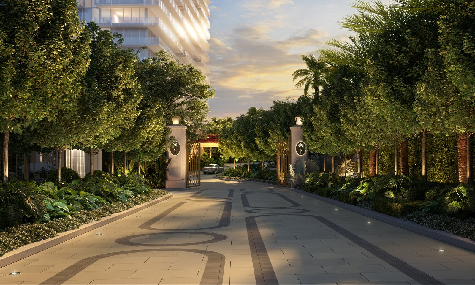 Shell Bay by Auberge, Hallandale Beach luxurious gated entrance at sunset, private arrival for luxury and ultra luxury condos; preconstruction.