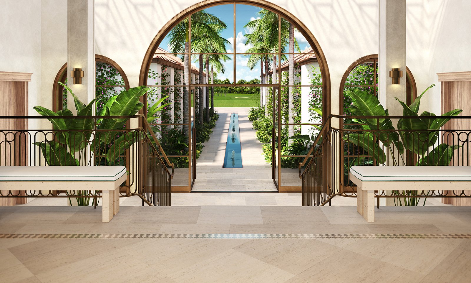 Shell Bay by Auberge, Hallandale Beach indoor garden lounge, serene retreat serving luxury and ultra luxury condos; preconstruction. Featuring luxurious and view.